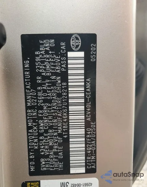 2007 Toyota Camry Ce из США, поврежденный, VIN 4T1BE46K67U128218